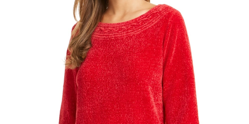 Karen Scott Suéter Feminino Gola Canoa Chenille Vermelho Brilhante Tamanho XS