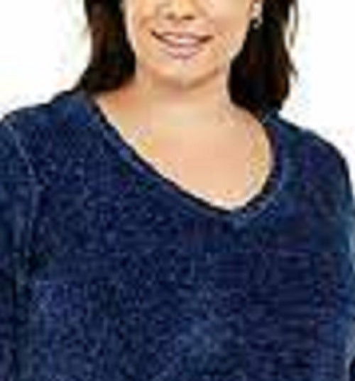 Karen Scott Suéter Feminino Plus Size Gola V Chenille Azul Escuro Tamanho 2X