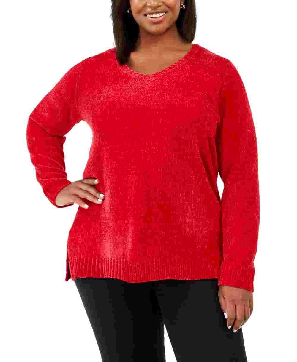 Karen Scott Suéter Feminino Plus Chenille Gola V Vermelho Tamanho 1X