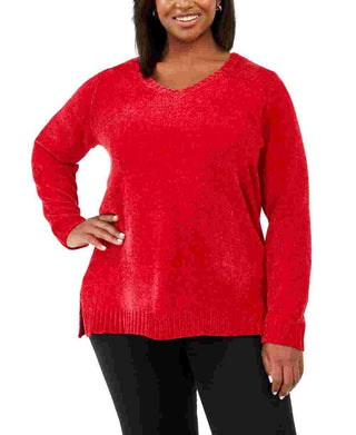 Karen Scott Suéter Feminino Plus Chenille Gola V Vermelho Tamanho 1X