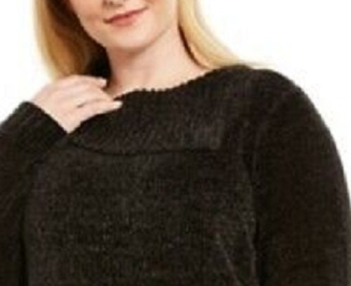 Karen Scott Suéter Feminino Plus Size Chenille Gola Dividida Preto Tamanho 1X