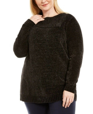 Karen Scott Suéter Feminino Plus Size Chenille Gola Dividida Preto Tamanho 3X