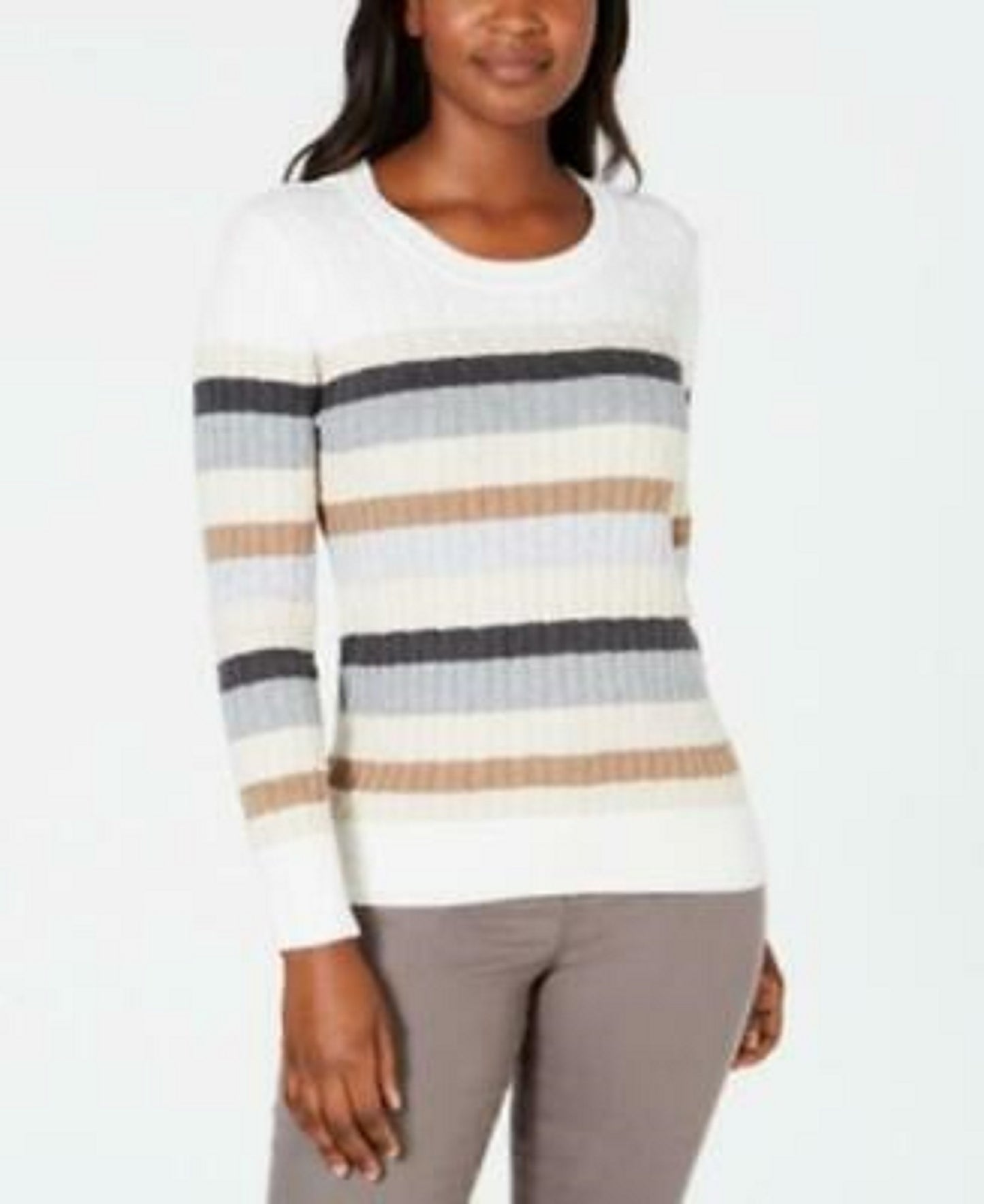 Karen Scott Suéter feminino listrado de algodão tricotado, tamanho pequeno, marrom