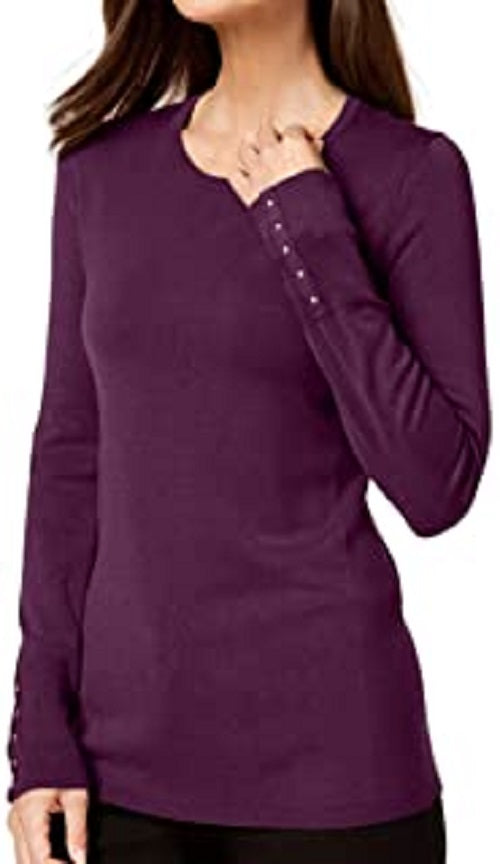 Suéter feminino JM Collection com gola redonda e punhos abotoados, roxo, tamanho grande
