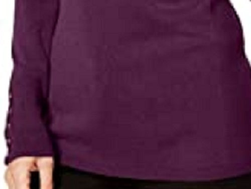 Suéter feminino JM Collection com gola redonda e punhos abotoados, roxo, tamanho grande