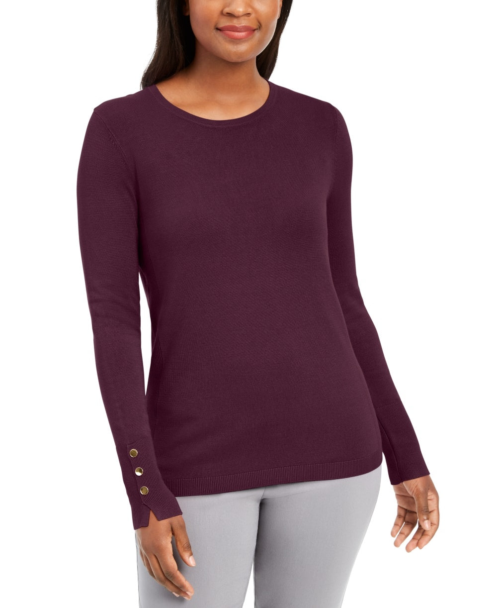 JM Women's Collection Suéter Petite com Punhos e Gola Redonda Roxo Escuro Tamanho Petite Grande