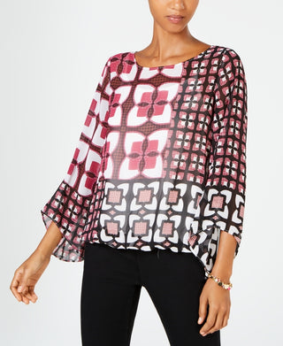 Blusa feminina Alfani com estampa rosa e manga 3/4, gola redonda, tamanho pequeno, médio