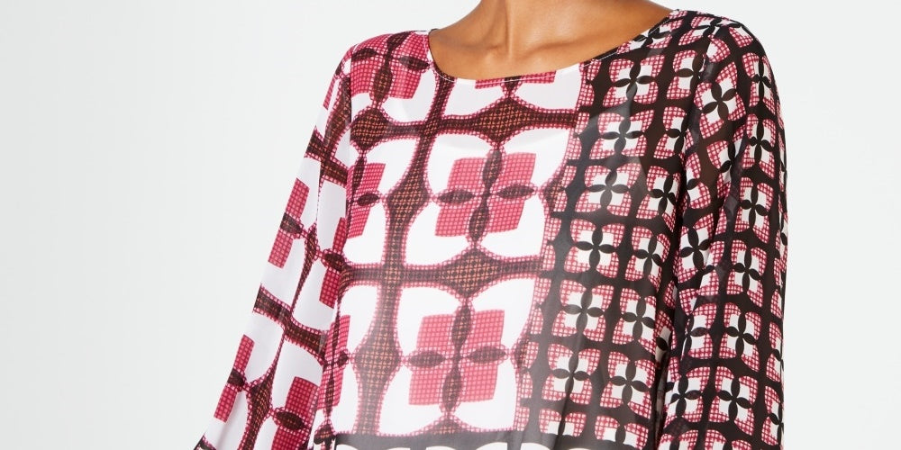 Blusa feminina Alfani com estampa rosa e manga 3/4, gola redonda, tamanho pequeno, médio