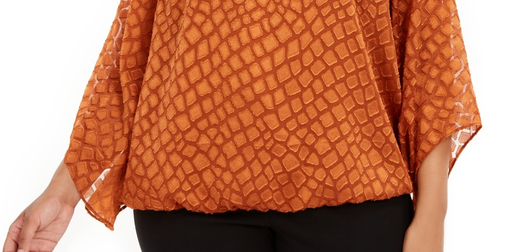 Blusa feminina Alfani Plus Size com estampa de manga anjo e bolhas, marrom, tamanho 1X