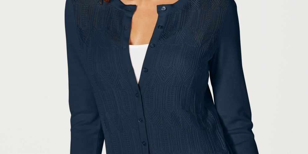 Cardigan de malha Pointelle feminino Charter Club, azul, tamanho X-S