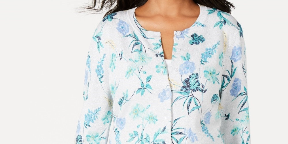 Cardigan feminino com estampa floral Charter Club, azul, tamanho médio