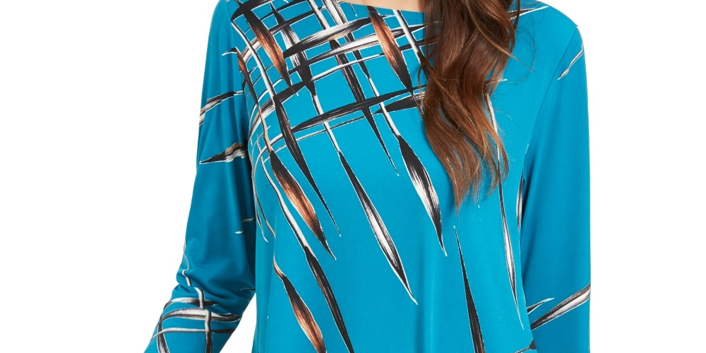 Top feminino estampado Alfani, azul marinho, tamanho pequeno e grande