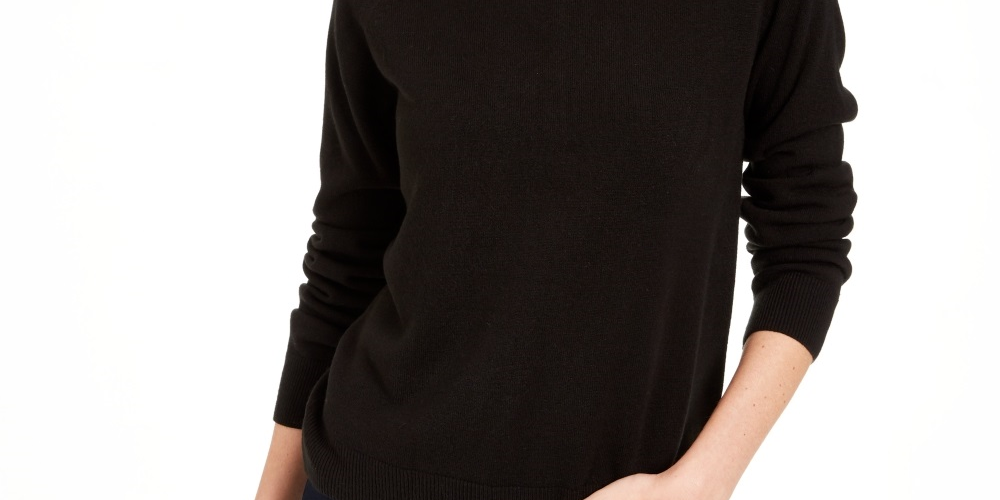 Karen Scott Suéter Feminino Petite Gola Mock Preto Tamanho Petite Pequeno-Médio