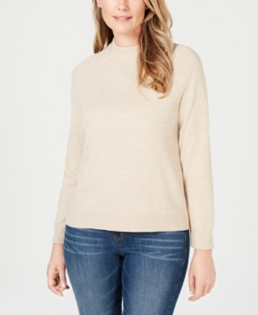 Karen Scott Blusa feminina bege de manga comprida e gola redonda, bege pequena
