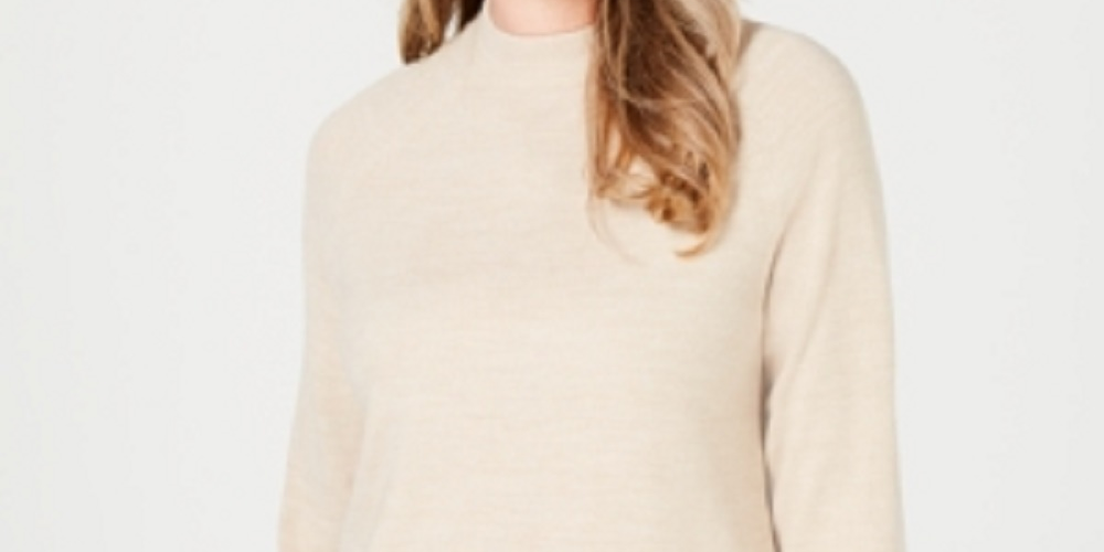 Karen Scott Blusa feminina bege de manga comprida e gola redonda, bege pequena