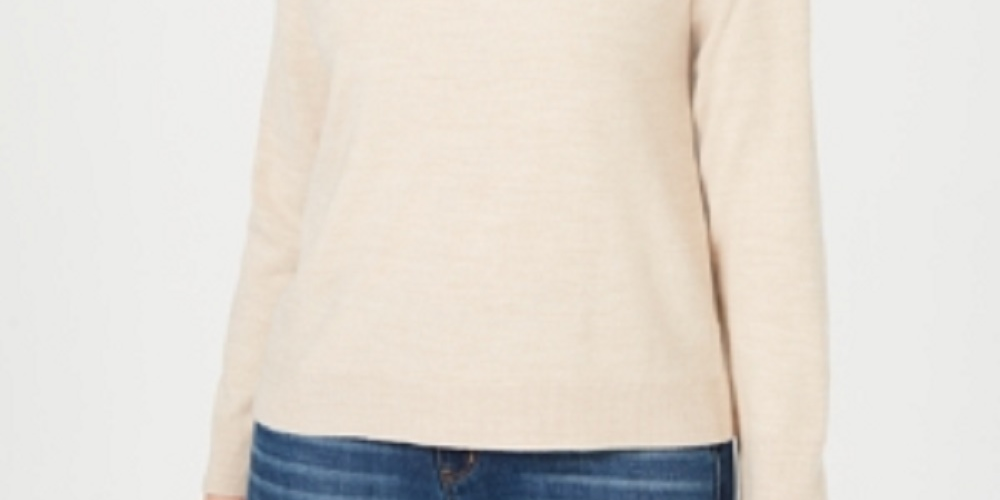 Karen Scott Blusa feminina bege de manga comprida e gola redonda, bege pequena