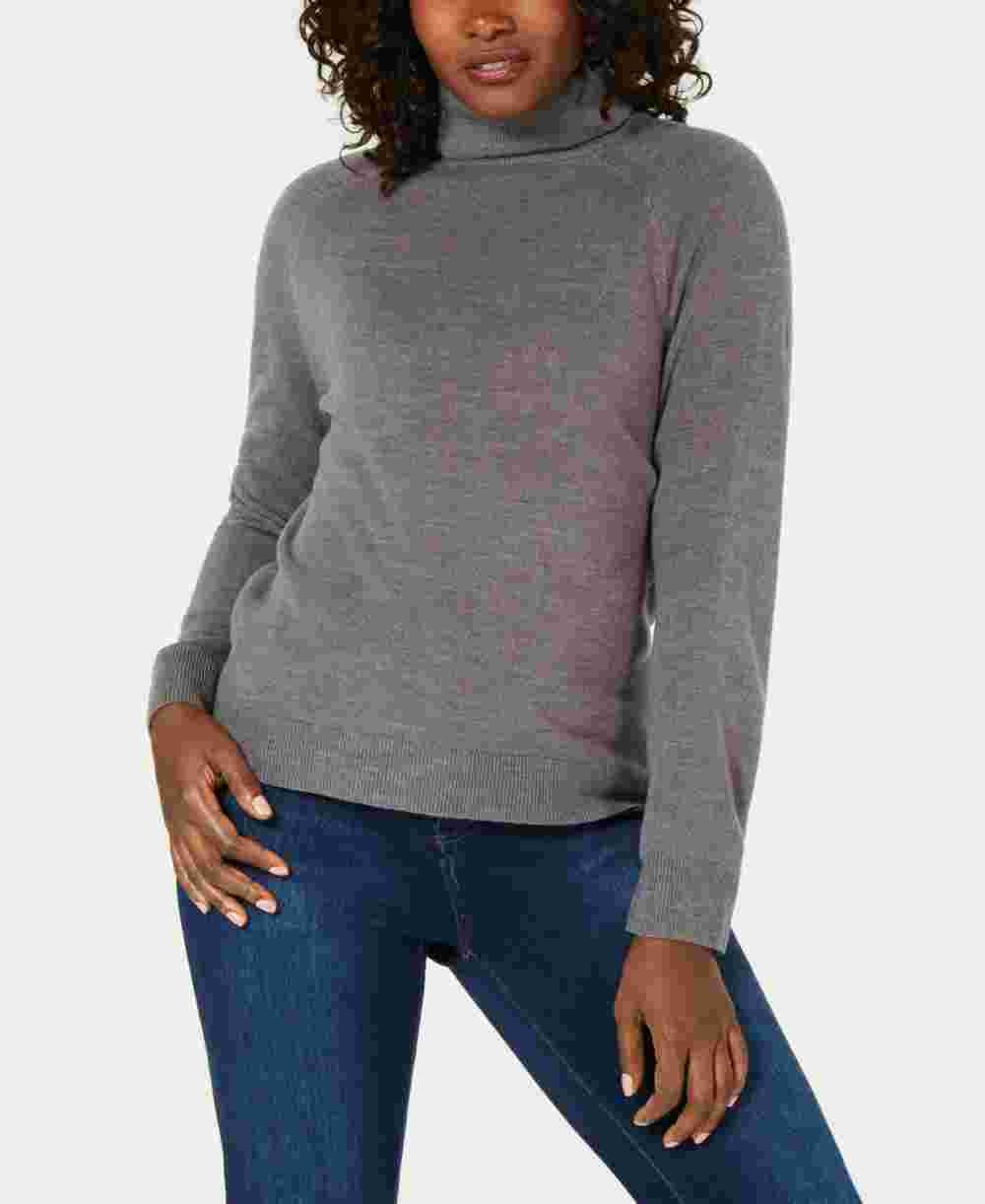 Blusa feminina Karen Scott cinza canelada lisa manga comprida gola alta suéter pequeno pequeno