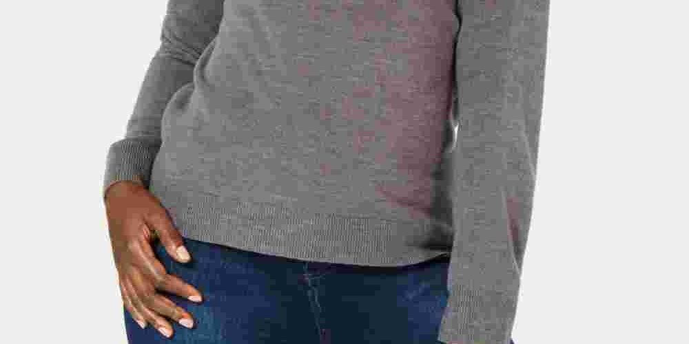 Blusa feminina Karen Scott cinza canelada lisa manga comprida gola alta suéter pequeno pequeno