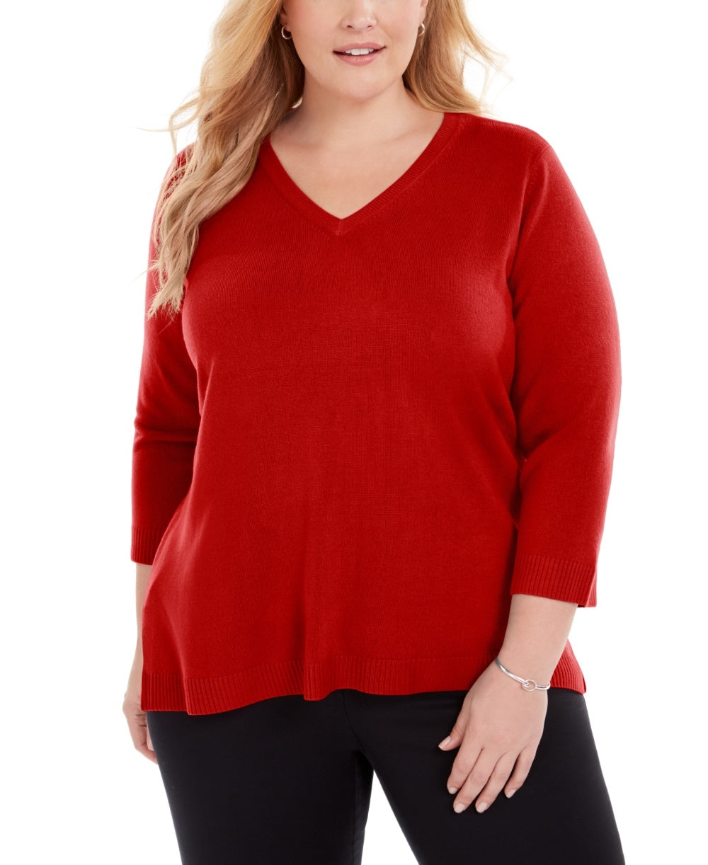 Karen Scott Suéter Luxsoft Plus Size com Decote em V, Vermelho, Tamanho 0X