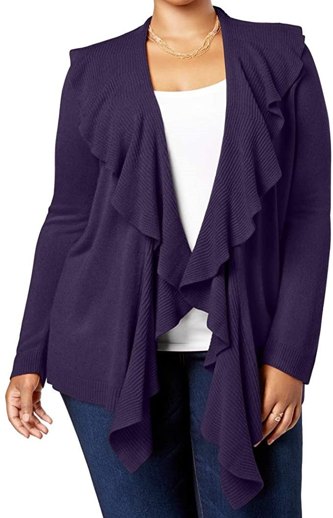 Karen Scott Suéter feminino plus size com decote babado e manga comprida, roxo, tamanho 3X