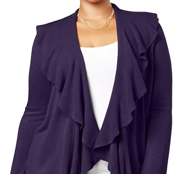 Karen Scott Suéter feminino plus size com decote babado e manga comprida, roxo, tamanho 3X