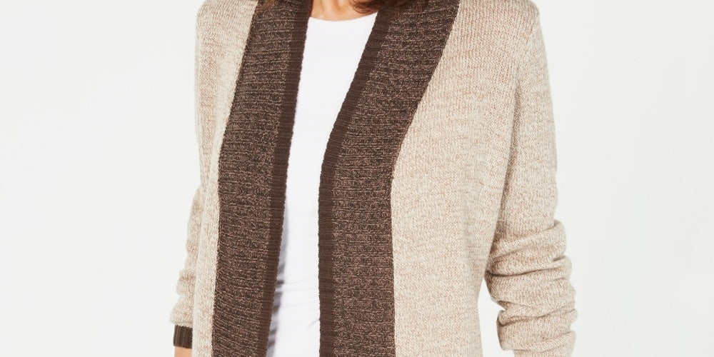 Karen Scott Cardigan Feminino com Acabamento Contrastado e Frente Aberta Marrom Tamanho P