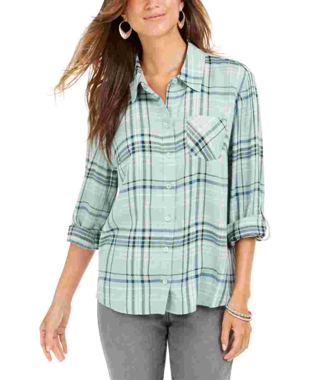 Camisa xadrez feminina Style &amp; Co com um bolso, verde, tamanho pequeno