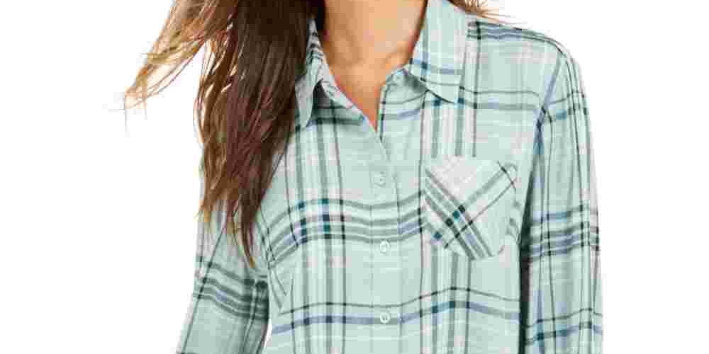 Camisa xadrez feminina Style &amp; Co com um bolso, verde, tamanho pequeno