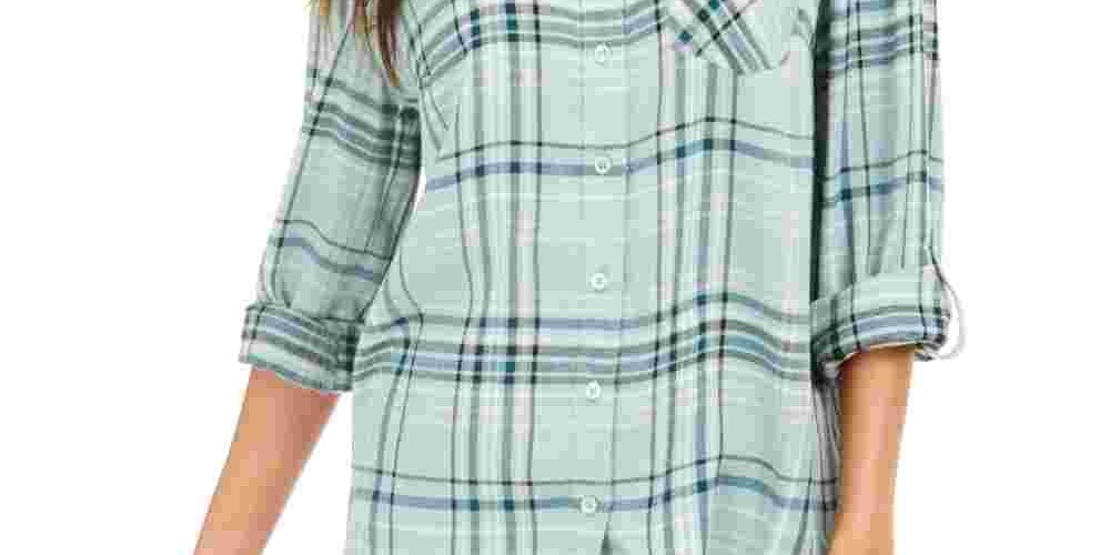 Camisa xadrez feminina Style &amp; Co com um bolso, verde, tamanho pequeno