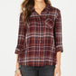 Camisa xadrez feminina de algodão com mangas curtas e abas, tamanho pequeno e roxo, estilo &amp; co