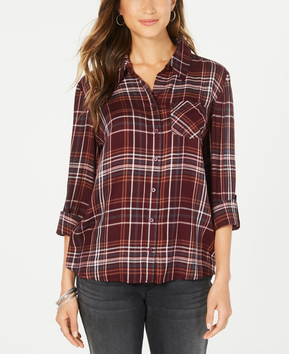 Camisa xadrez feminina de algodão com mangas curtas e abas, tamanho pequeno e roxo, estilo &amp; co
