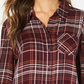 Camisa xadrez feminina de algodão com mangas curtas e abas, tamanho pequeno e roxo, estilo &amp; co