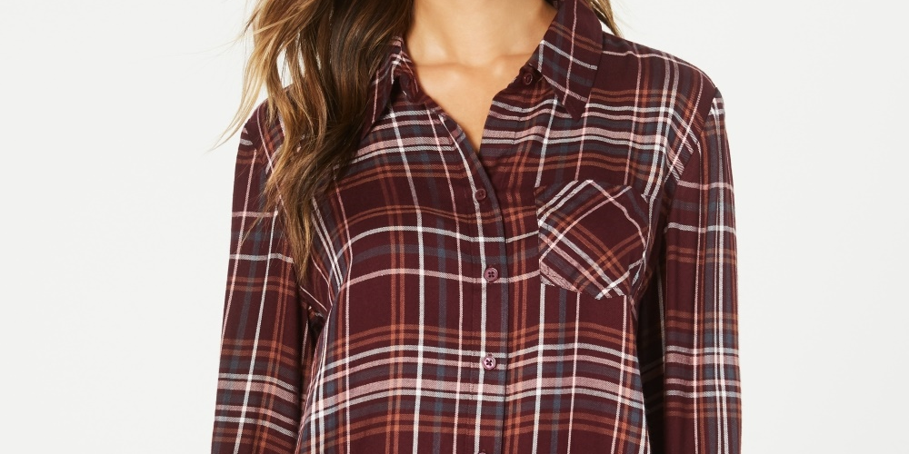 Camisa xadrez feminina de algodão com mangas curtas e abas, tamanho pequeno e roxo, estilo &amp; co