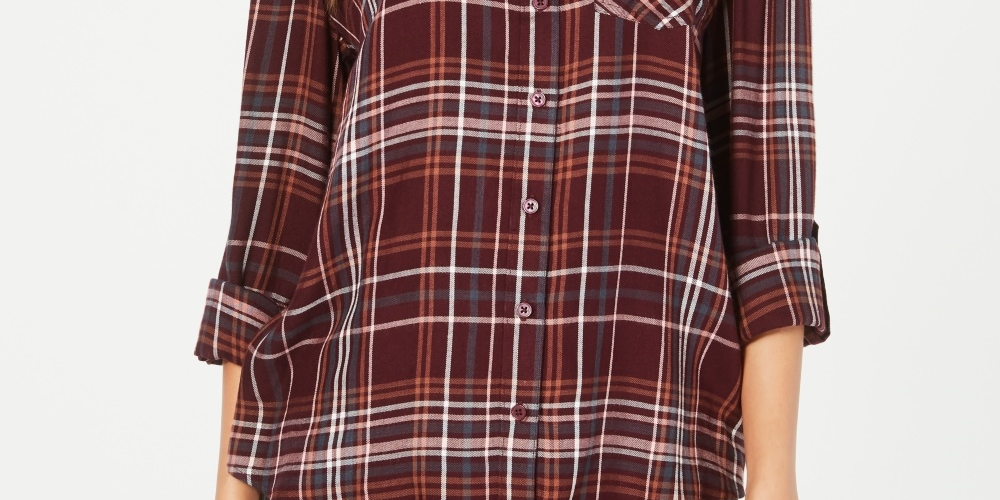 Camisa xadrez feminina de algodão com mangas curtas e abas, tamanho pequeno e roxo, estilo &amp; co