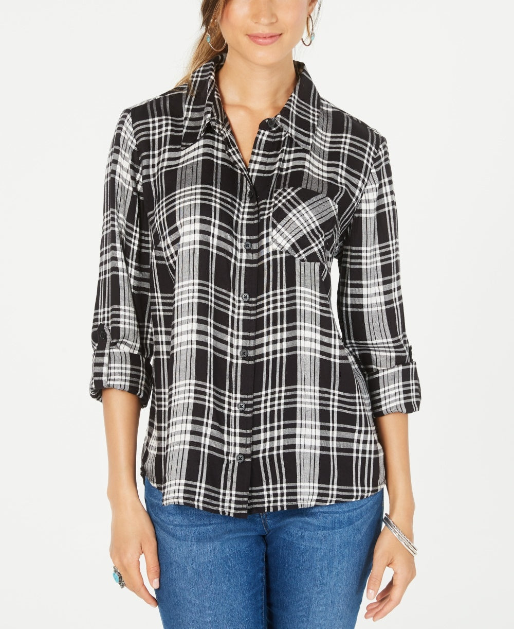 Camisa xadrez feminina estilo &amp; co, pequena, de algodão, com mangas curtas, preta, tamanho pequeno médio