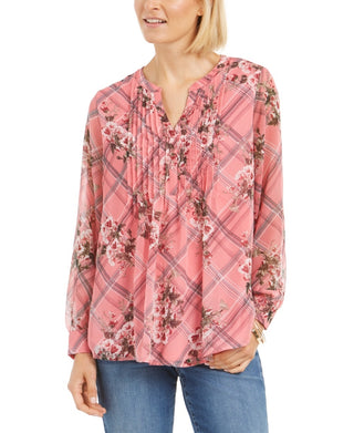 Top feminino estampado com decote dividido, rosa, tamanho médio