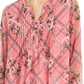 Top feminino estampado com decote dividido, rosa, tamanho médio
