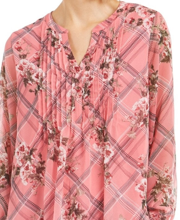 Top feminino estampado com decote dividido, rosa, tamanho médio