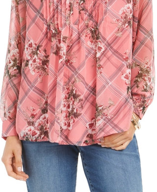 Top feminino estampado com decote dividido, rosa, tamanho médio