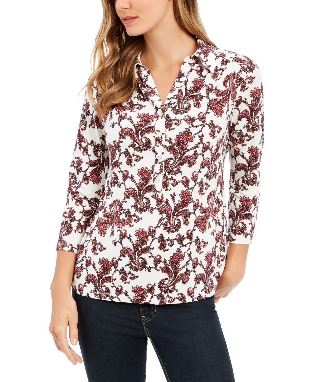 Camisa polo feminina estampada com manga 3/4 Charter Club, tamanho pequeno e branco