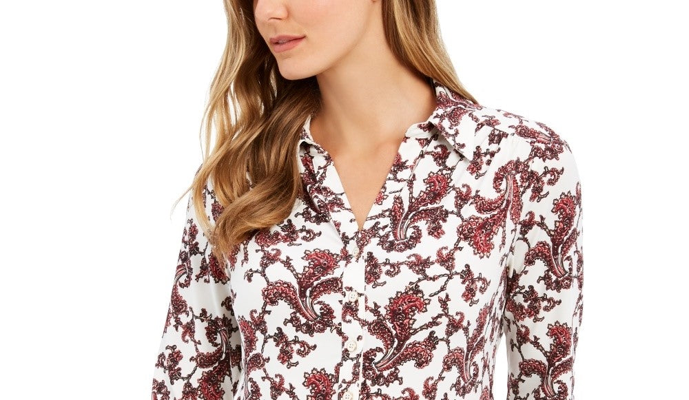 Camisa polo feminina estampada com manga 3/4 Charter Club, tamanho pequeno e branco