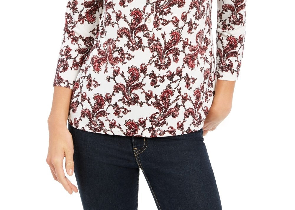 Camisa polo feminina estampada com manga 3/4 Charter Club, tamanho pequeno e branco