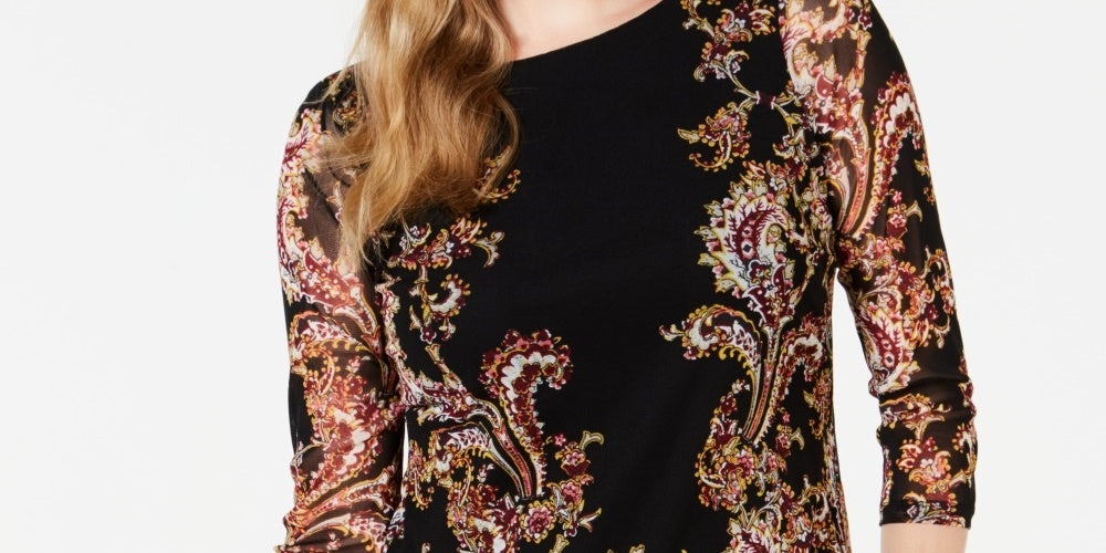 Camiseta feminina de malha com estampa floral Charter Club, preta, tamanho pequeno