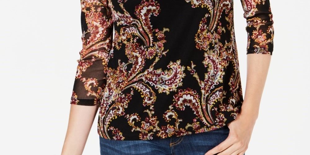 Camiseta feminina de malha com estampa floral Charter Club, preta, tamanho pequeno