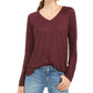 Blusa feminina de malha mesclada com decote em V, vinho, tamanho grande