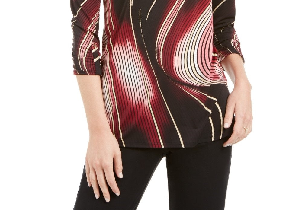 JM Collection Blusa feminina estampada com zíper e gola alta, preta, tamanho pequeno