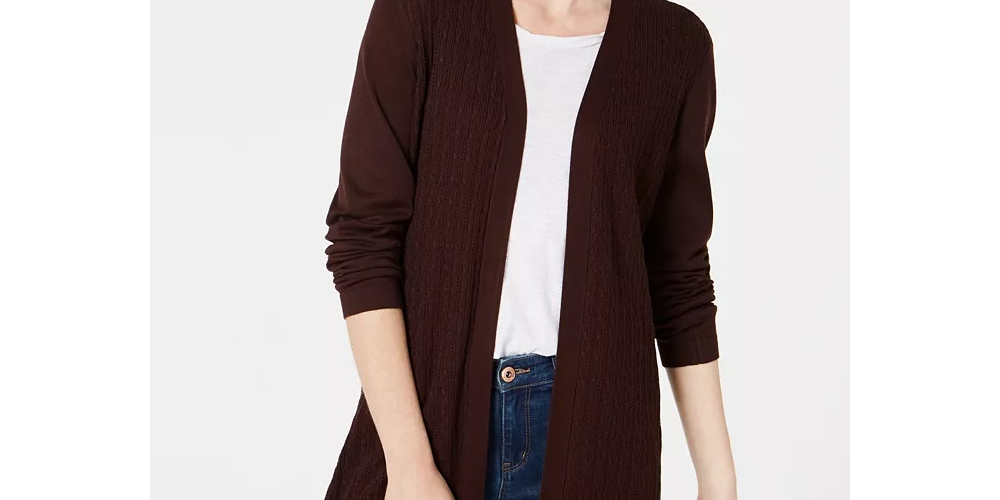 Karen Scott Cardigan Feminino de Algodão Longo Aberto Frente Bege Tamanho P
