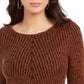 Camiseta feminina texturizada de malha estampada, manga comprida, gola redonda, cáqui, tamanho médio