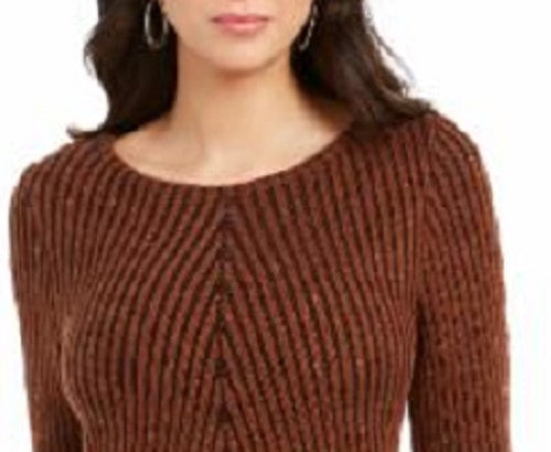 Camiseta feminina texturizada de malha estampada, manga comprida, gola redonda, cáqui, tamanho médio