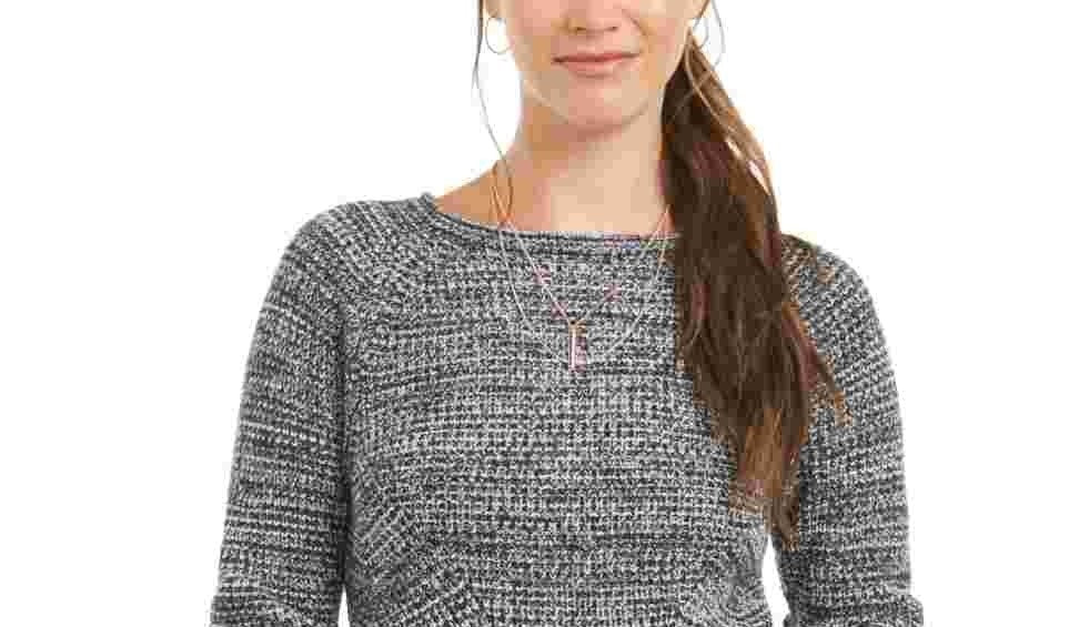 Suéter feminino texturizado mesclado manga comprida gola joia preto tamanho pequeno médio